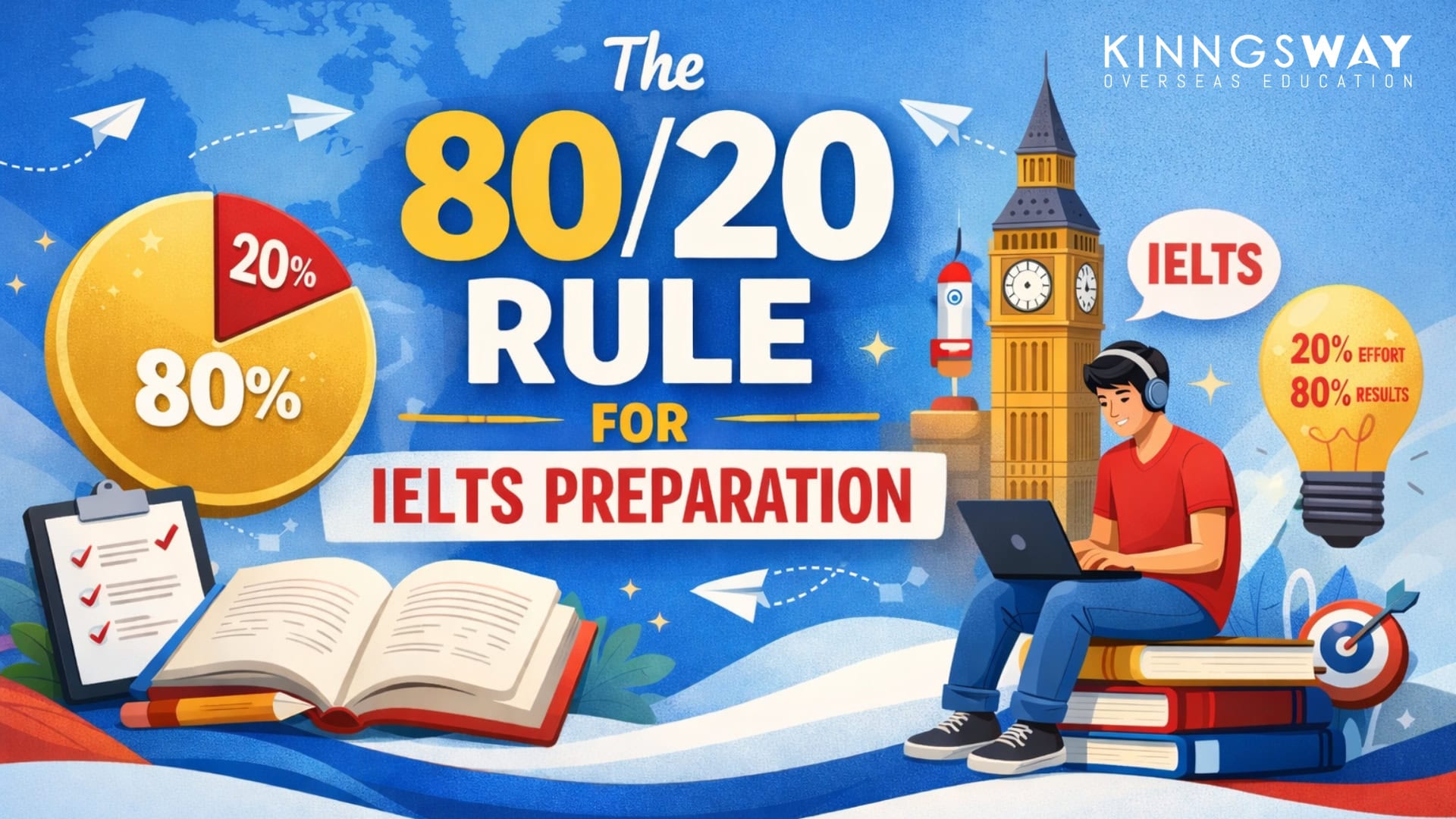 Visual infographic illustrating the 80/20 rule for effective IELTS exam preparation, featuring a student studying with books, clock, and icons representing IELTS and study strategies.